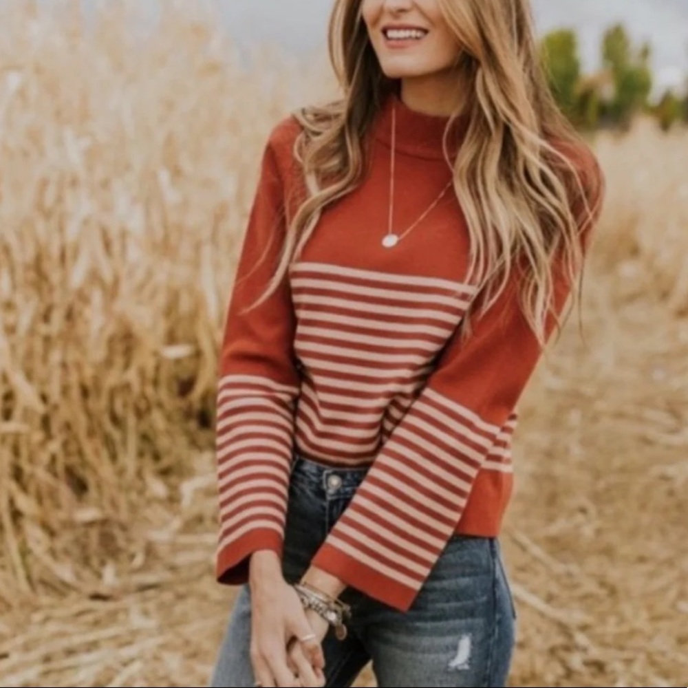 Roolee Red Cream Denton Striped Long Sleeve Sweater